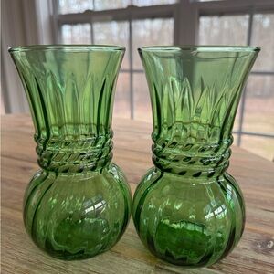 Vintage Green Glass Vases Swirl & Rope Design Anchor Hocking Set of Two